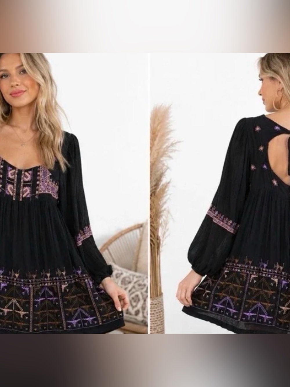 Free People Rhiannon Embroidered Babydoll Dress S Black Aztec Boho Whimsy